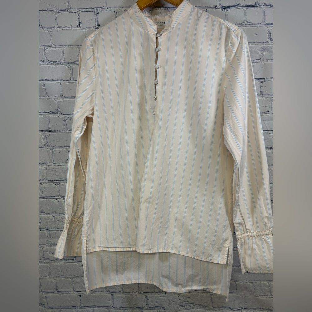 Frame Denim Cream and Blue Striped Boho Festival Romantic Casual Classic Top S